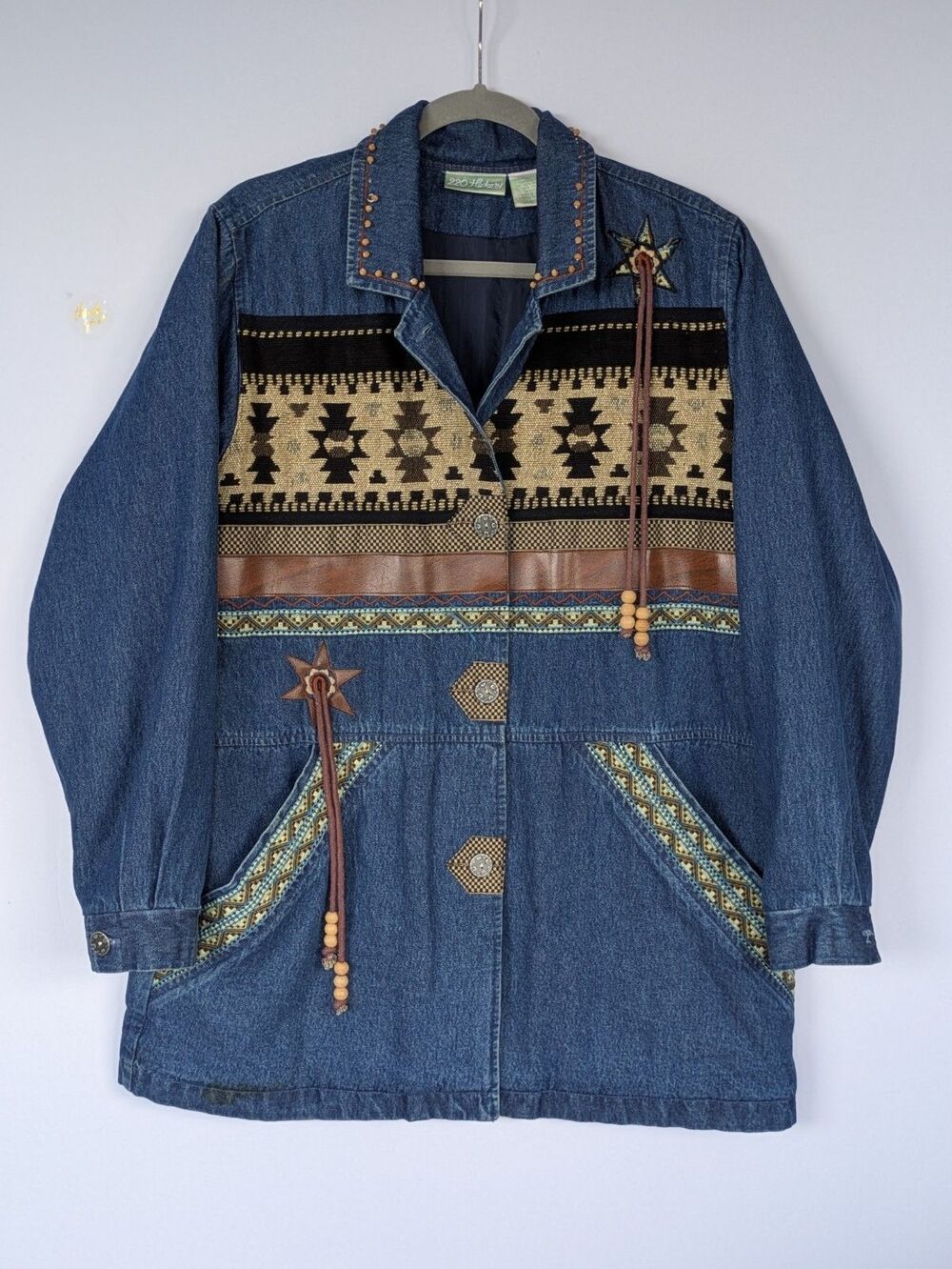 Vintage 220 Hickory Women Jacket Blue Denim Southwestern Aztec Fringe Lined MED - Picture 2 of 16